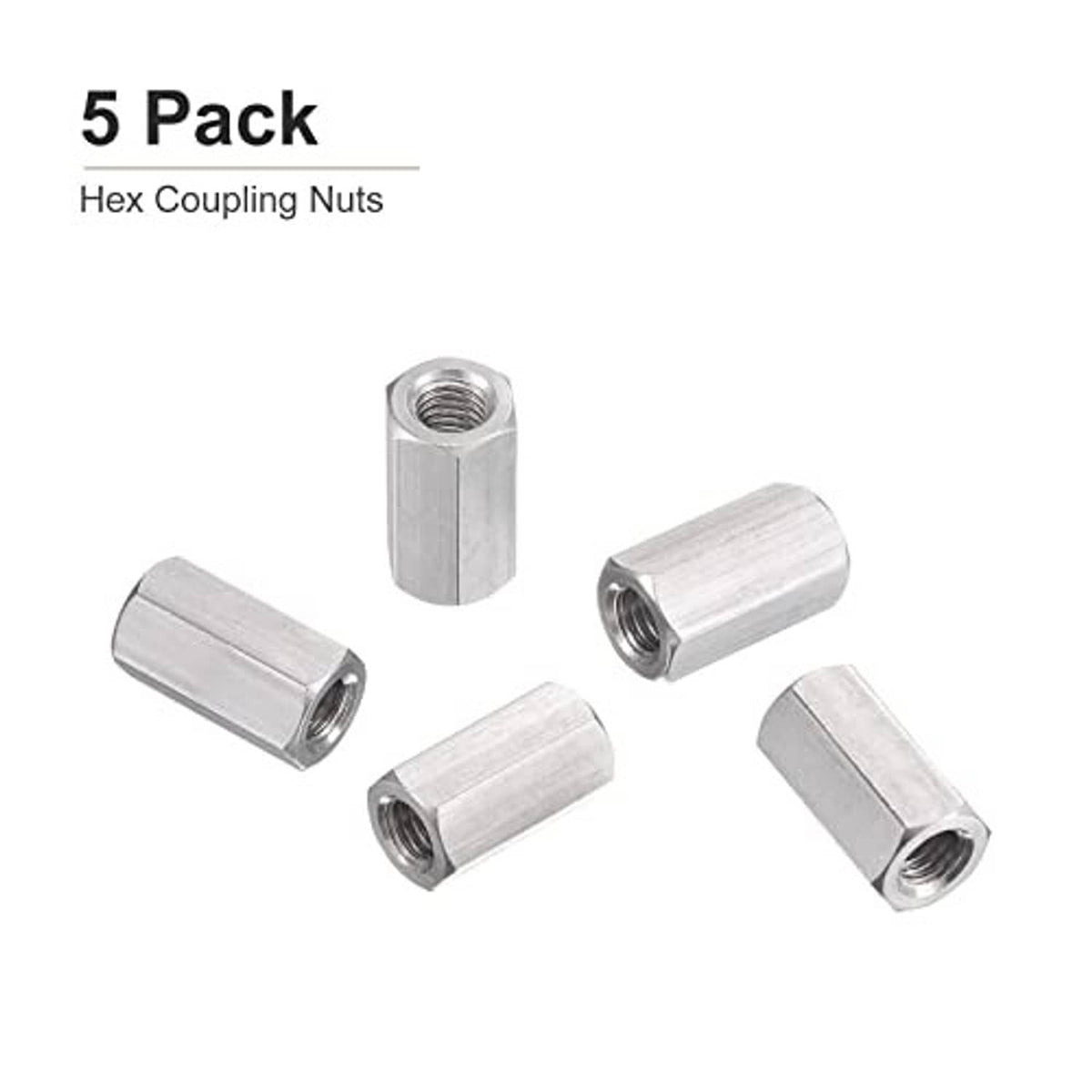 Five hex coupling nuts, silver steel cylinders with hex outer edges and internal threads.