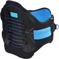 Adjustable back brace with blue compression panels and black mesh, contoured support
