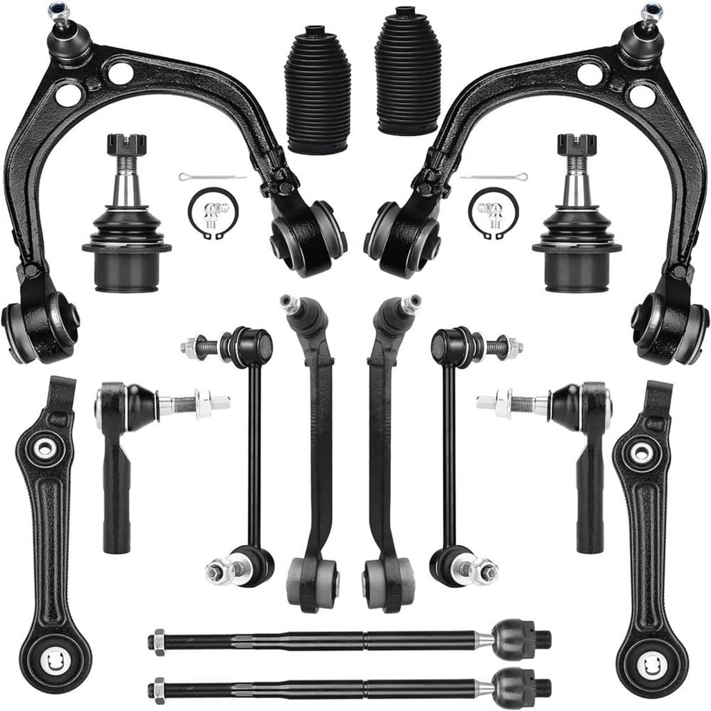 16-piece front control arm kit with black arms, ball joints, and bushings