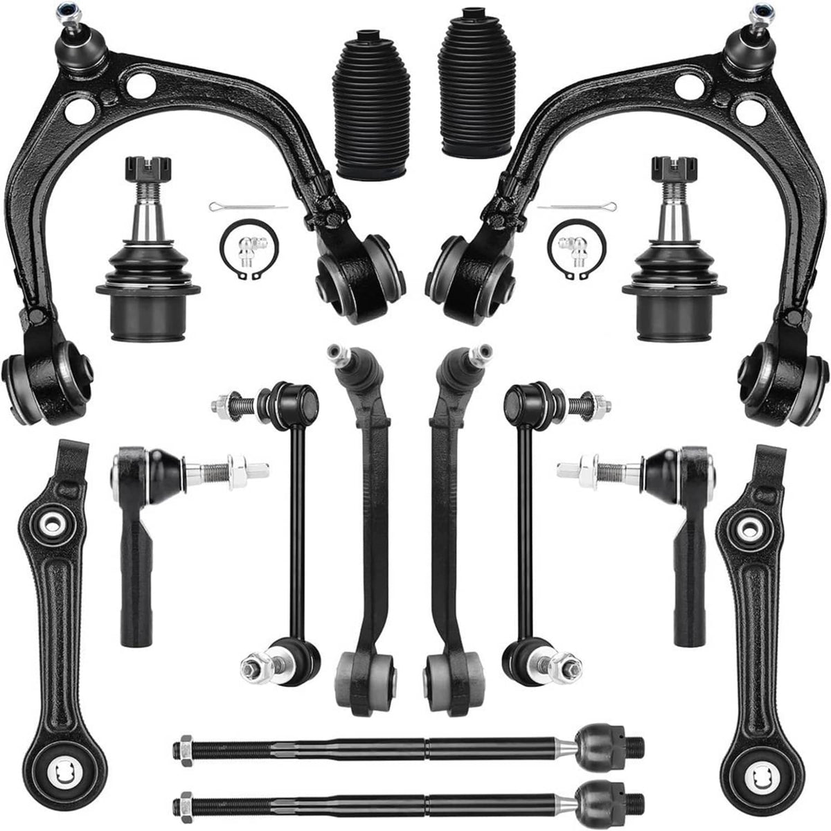 16-piece front control arm kit with black arms, ball joints, and bushings