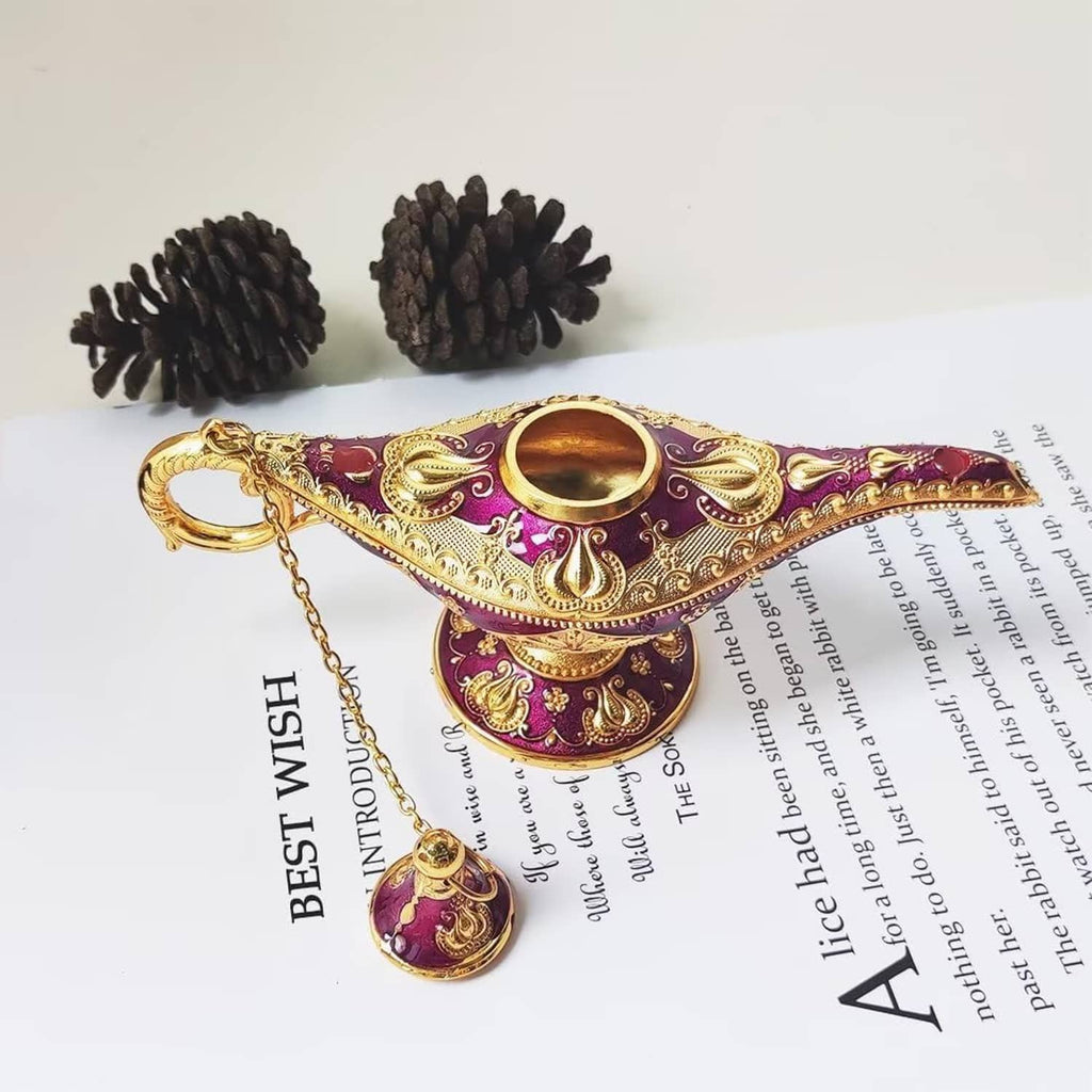 Purple and gold genie lamp charm with chain, gold ring, and decorative tassel