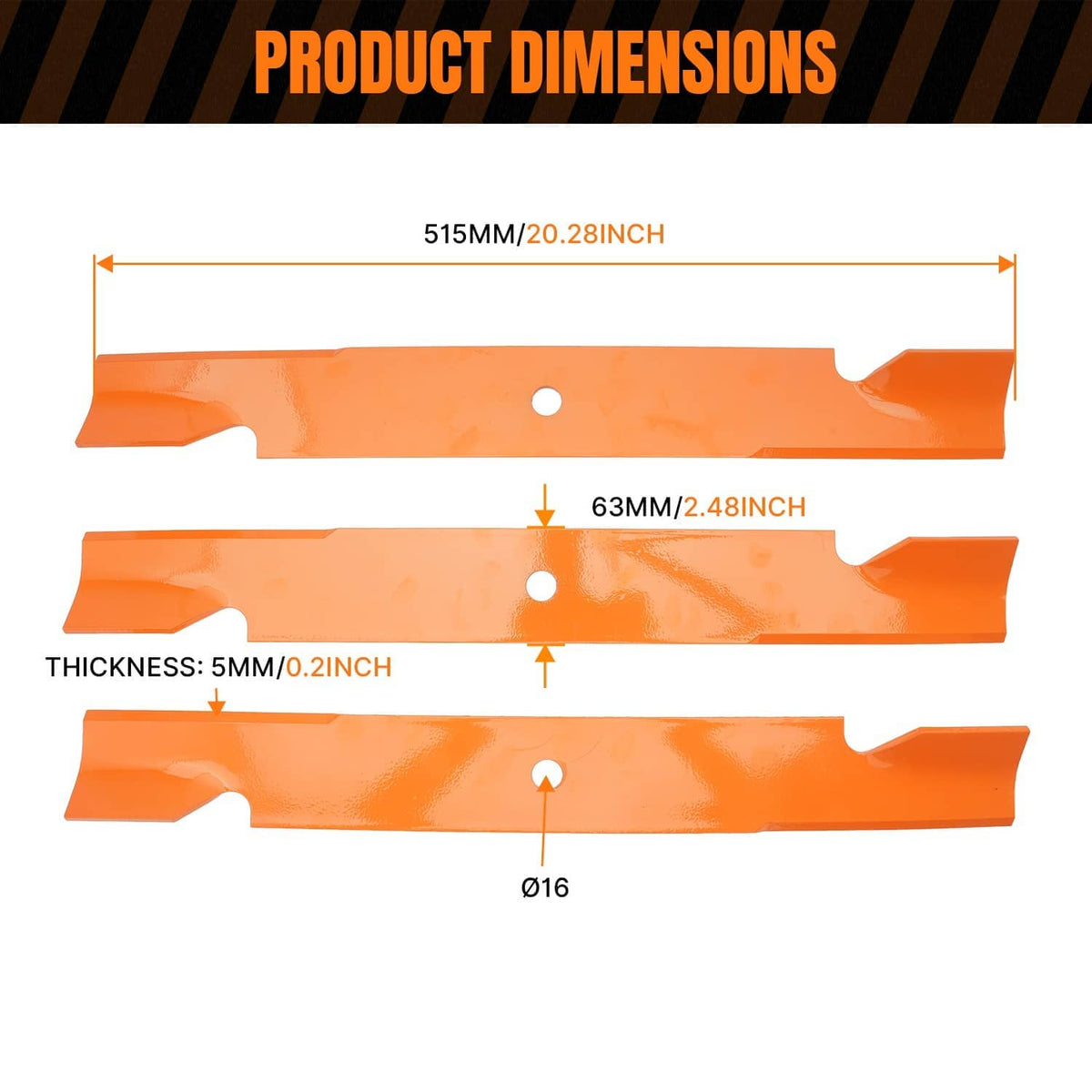 Orange deck blade with measurement callouts; bolt holes and notched mounting profile