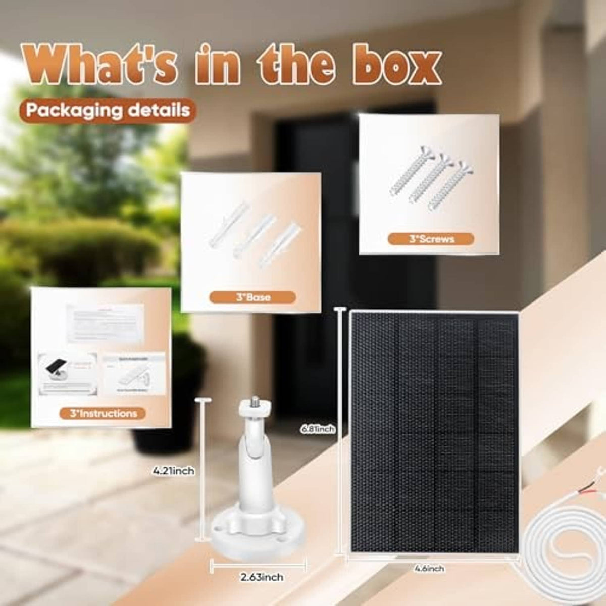 Solar panel kit contents: solar panel, mounting base, screws, and cable