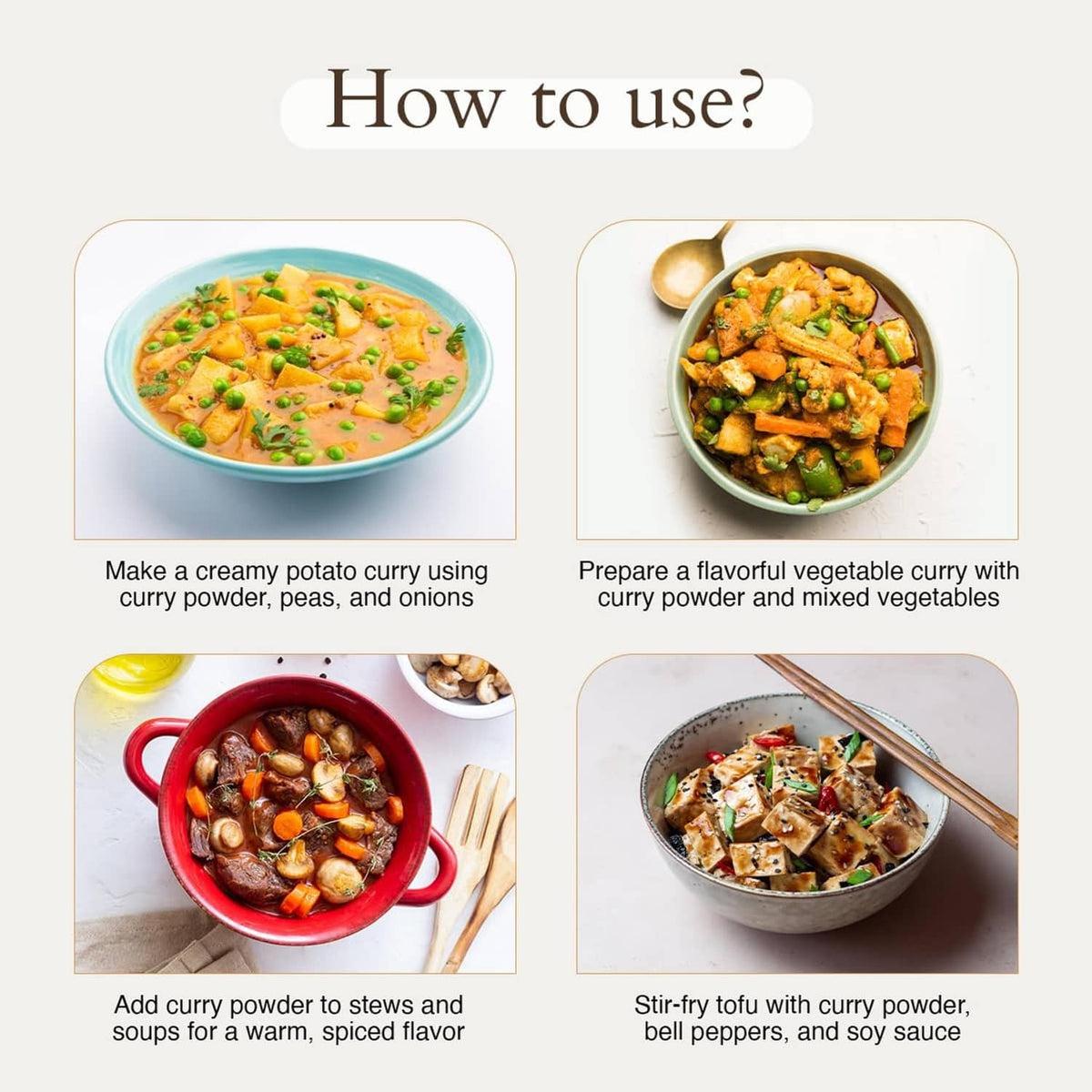 Serving ideas: bowls of curry with vegetables and herbs