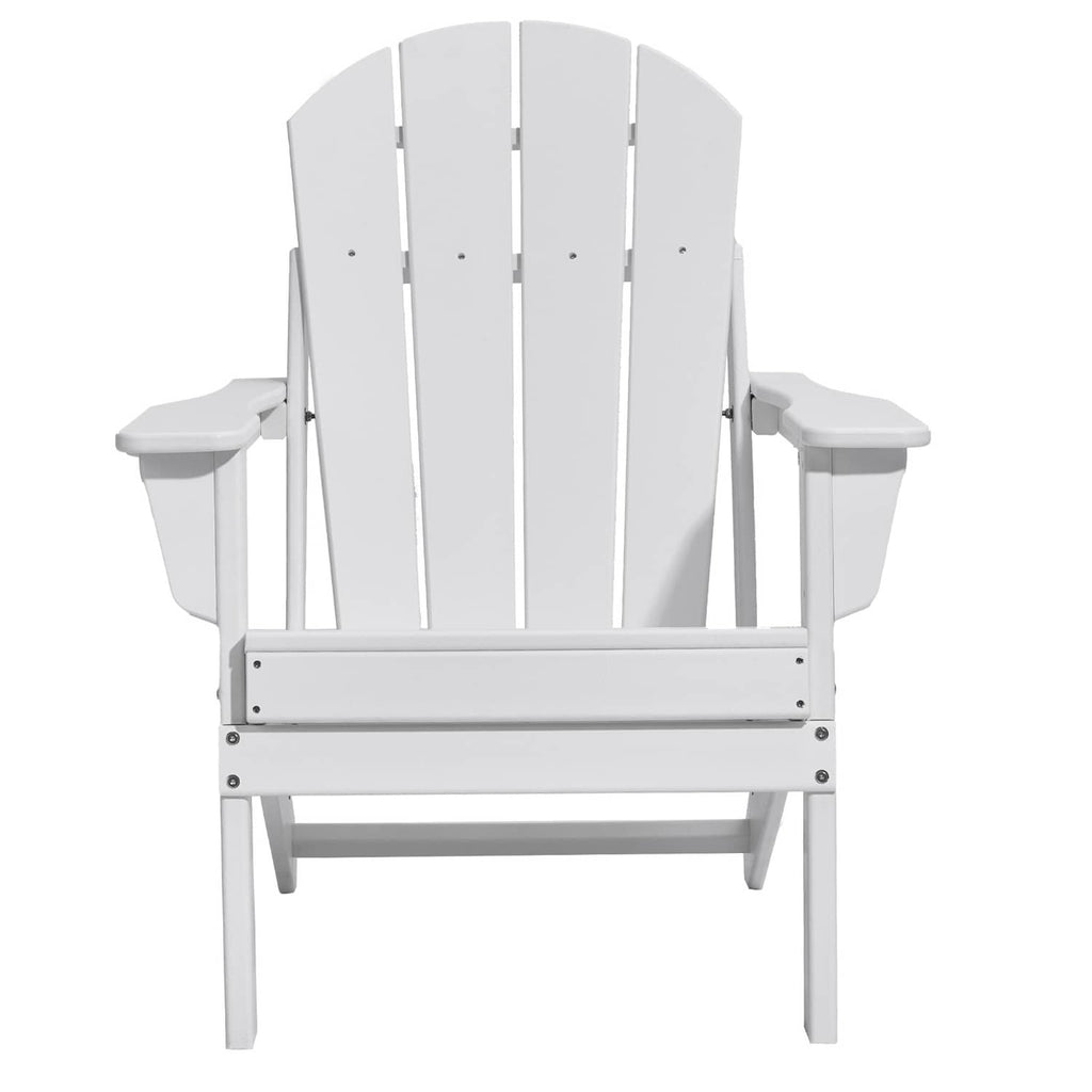 Single white Adirondack folding chair front view with slatted back and wide seat