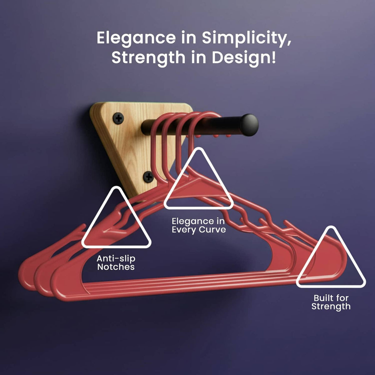 Stack of red plastic hangers with anti-slip notches and sturdy construction.