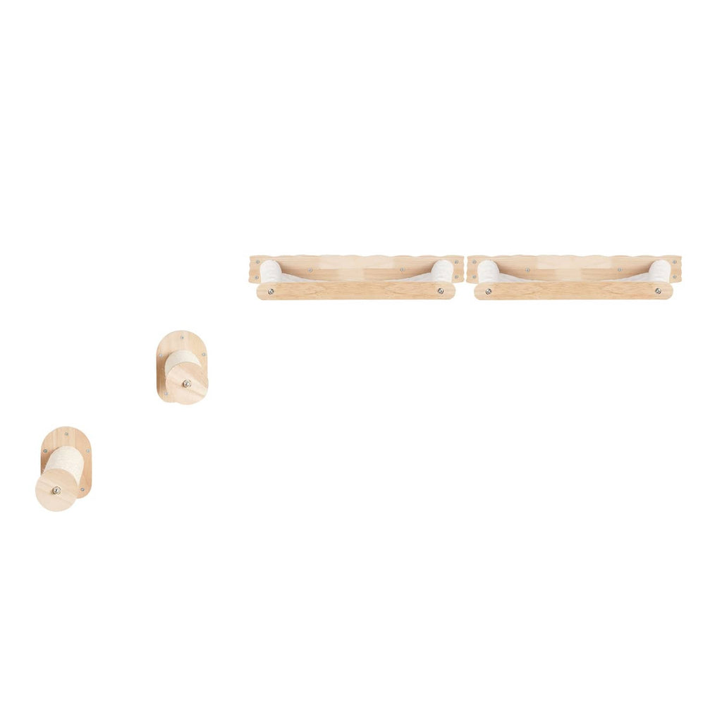 Wall-mounted cat shelf set with two wood platforms and circular wall brackets