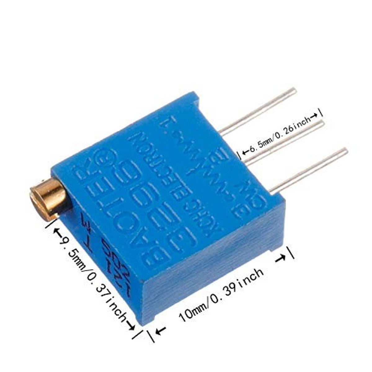 Blue multiturn potentiometer module with two pins visible and size markings