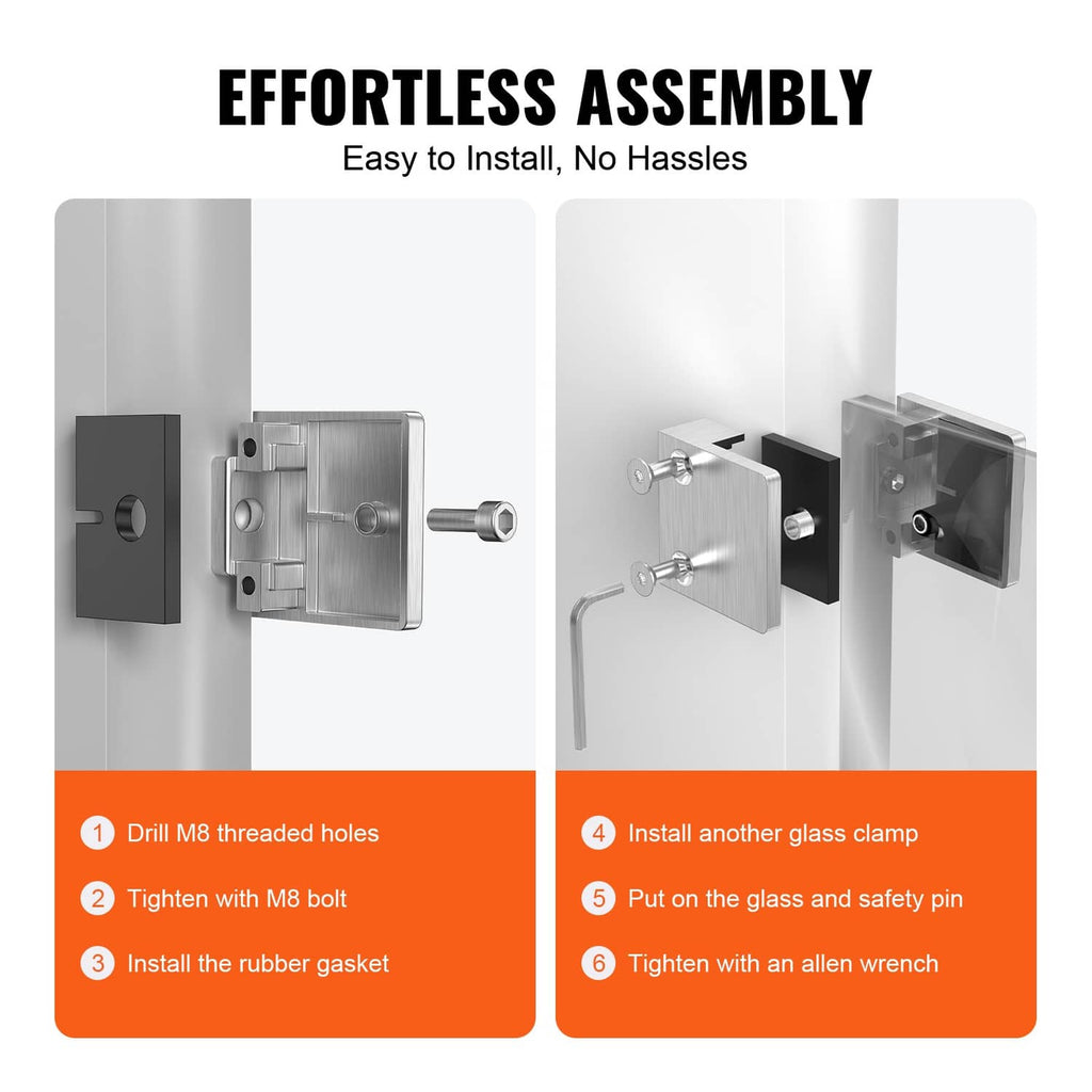 Glass railing clamp showing installation parts: clamp housing, rubber gasket, and bolts
