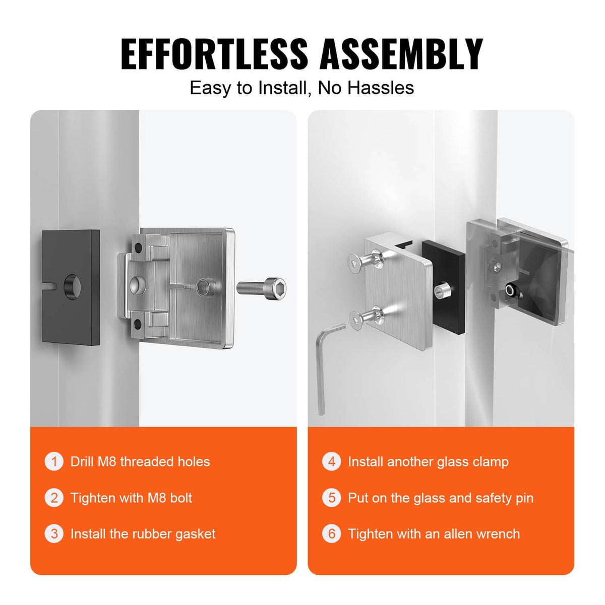 Glass railing clamp showing installation parts: clamp housing, rubber gasket, and bolts