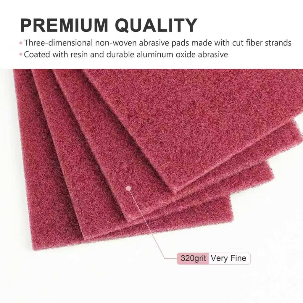 Close-up of maroon abrasive scuff pad texture, nonwoven coated pad surface.