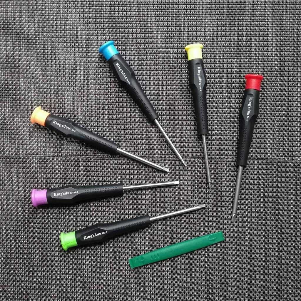 Triangular head screwdriver set with colorful caps, black handles, and exposed metal tips