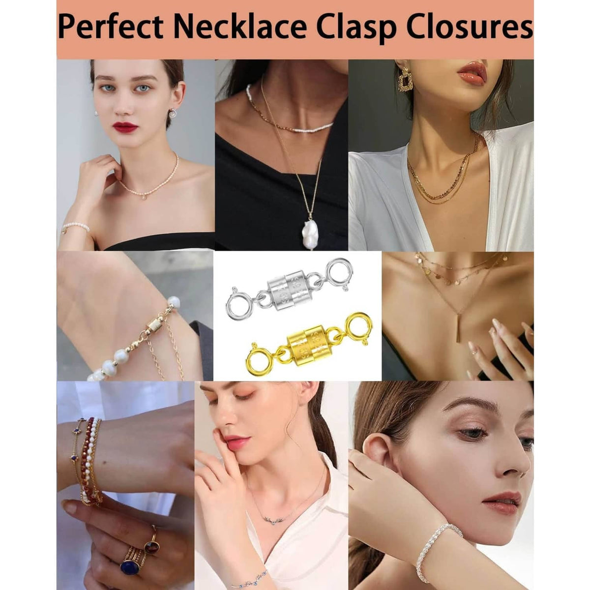 Magnetic necklace clasp closures with connector extenders shown on jewelry pieces
