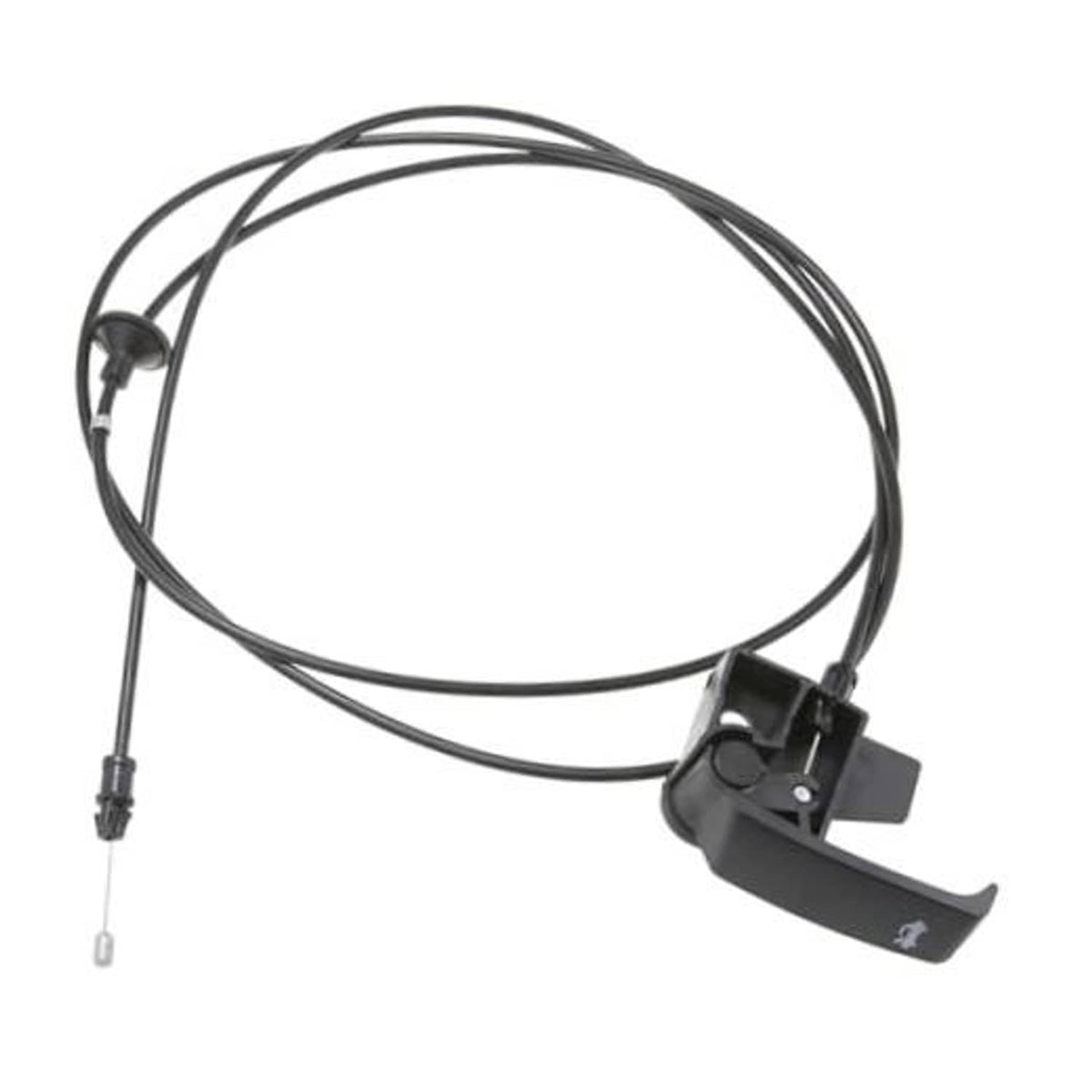Hood release handle cable with black wire and curved gray release handle