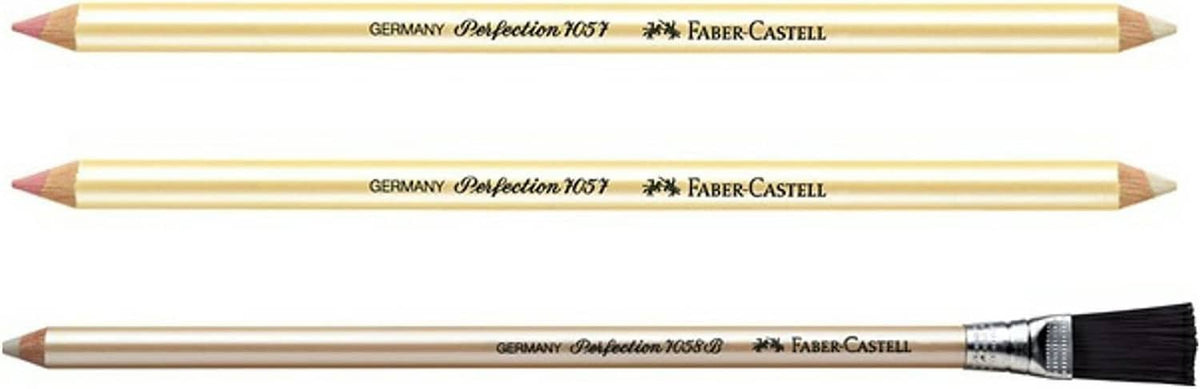 Set of eraser pencils with yellow wooden barrels, Faber-Castell branding, brush end