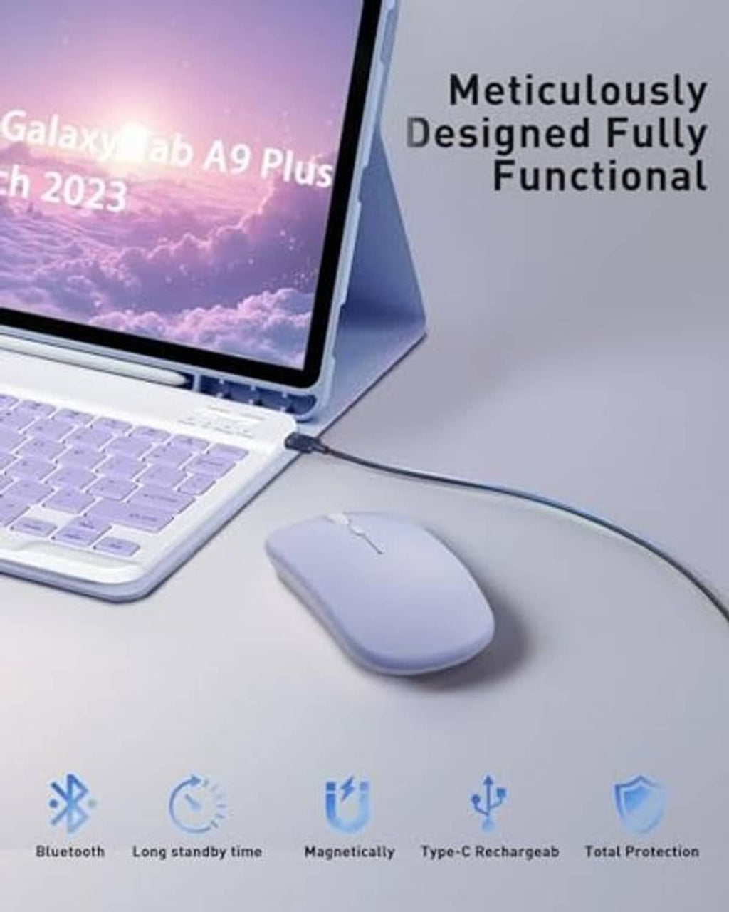 Purple folio keyboard case on stand with wireless mouse and keyboard attached