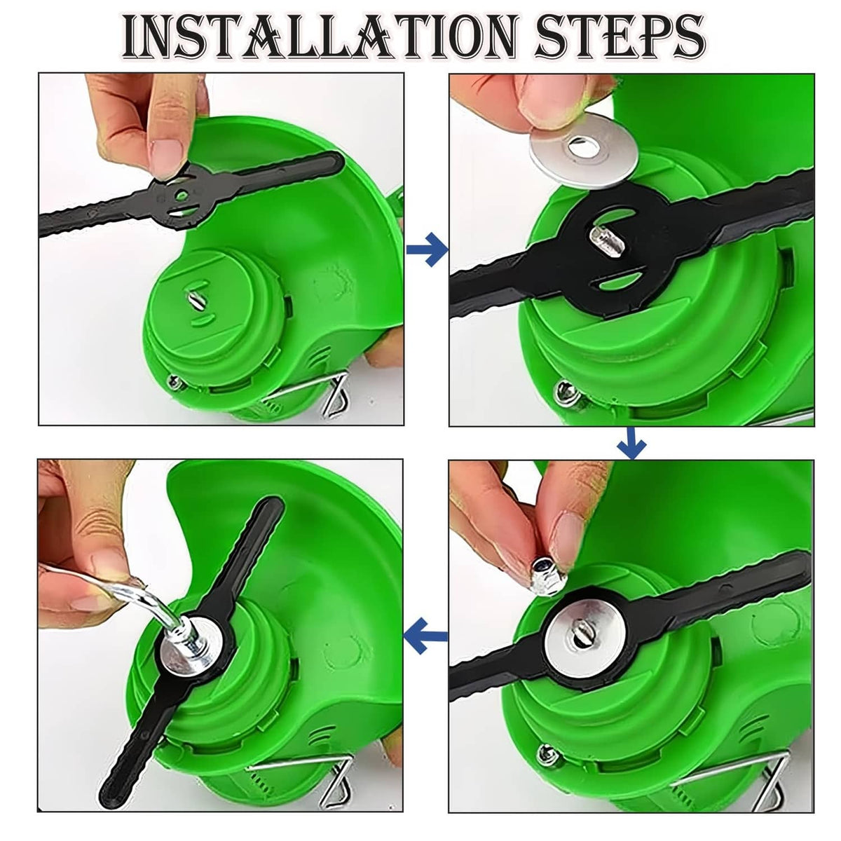 Green trimmer head with black cutting blades shown during attachment