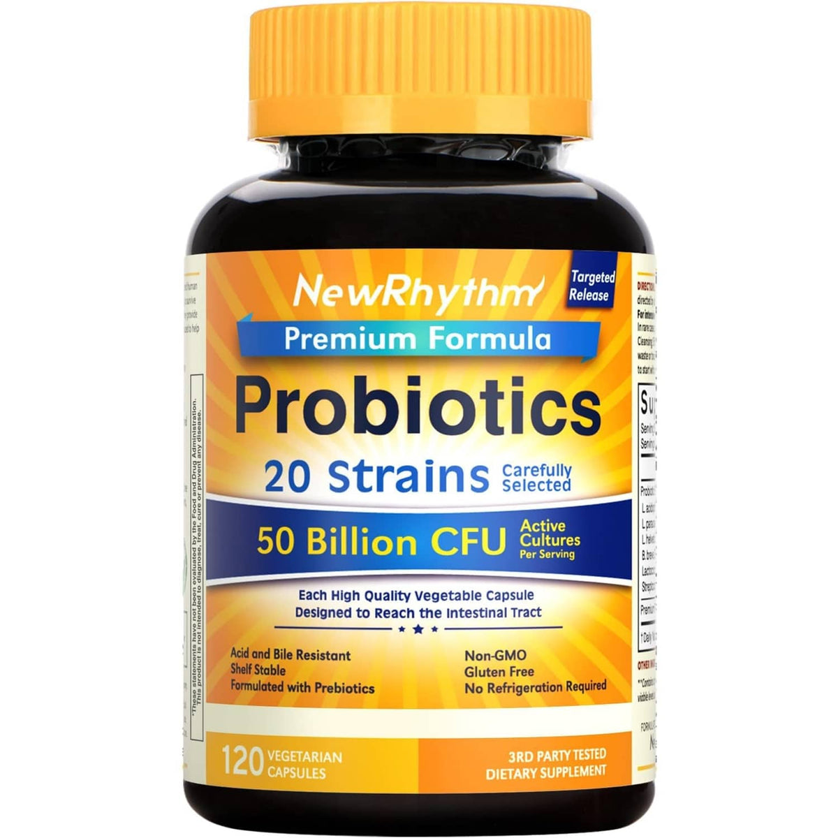 NewRhythm Probiotics supplement bottle with orange cap, 20 strains, 50 billion CFU