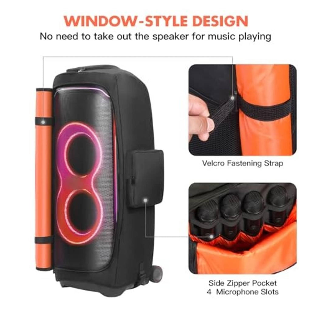 Black speaker case with front window opening, orange-trim zipper and Velcro strap