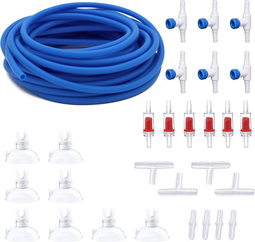 Blue 3/16in aquarium air hose kit, coiled tubing with white connectors and valves