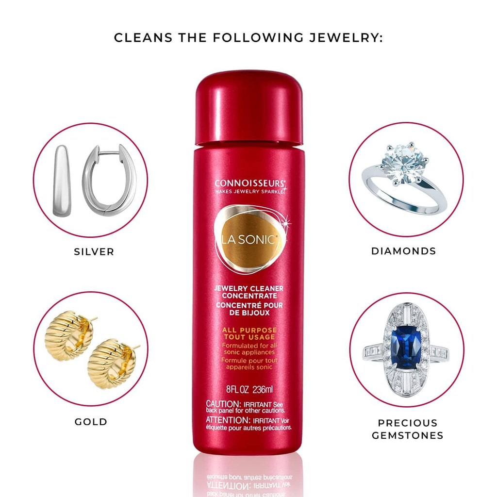 Jewelry cleaner concentrate bottle with icons for silver, gold, diamonds, and gemstones