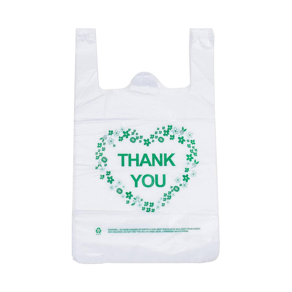 White plastic grocery bag with handles, centered green THANK YOU clover wreath