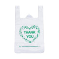 White plastic grocery bag with handles, centered green THANK YOU clover wreath