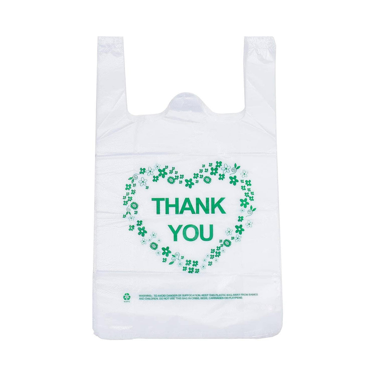 White plastic grocery bag with handles, centered green THANK YOU clover wreath