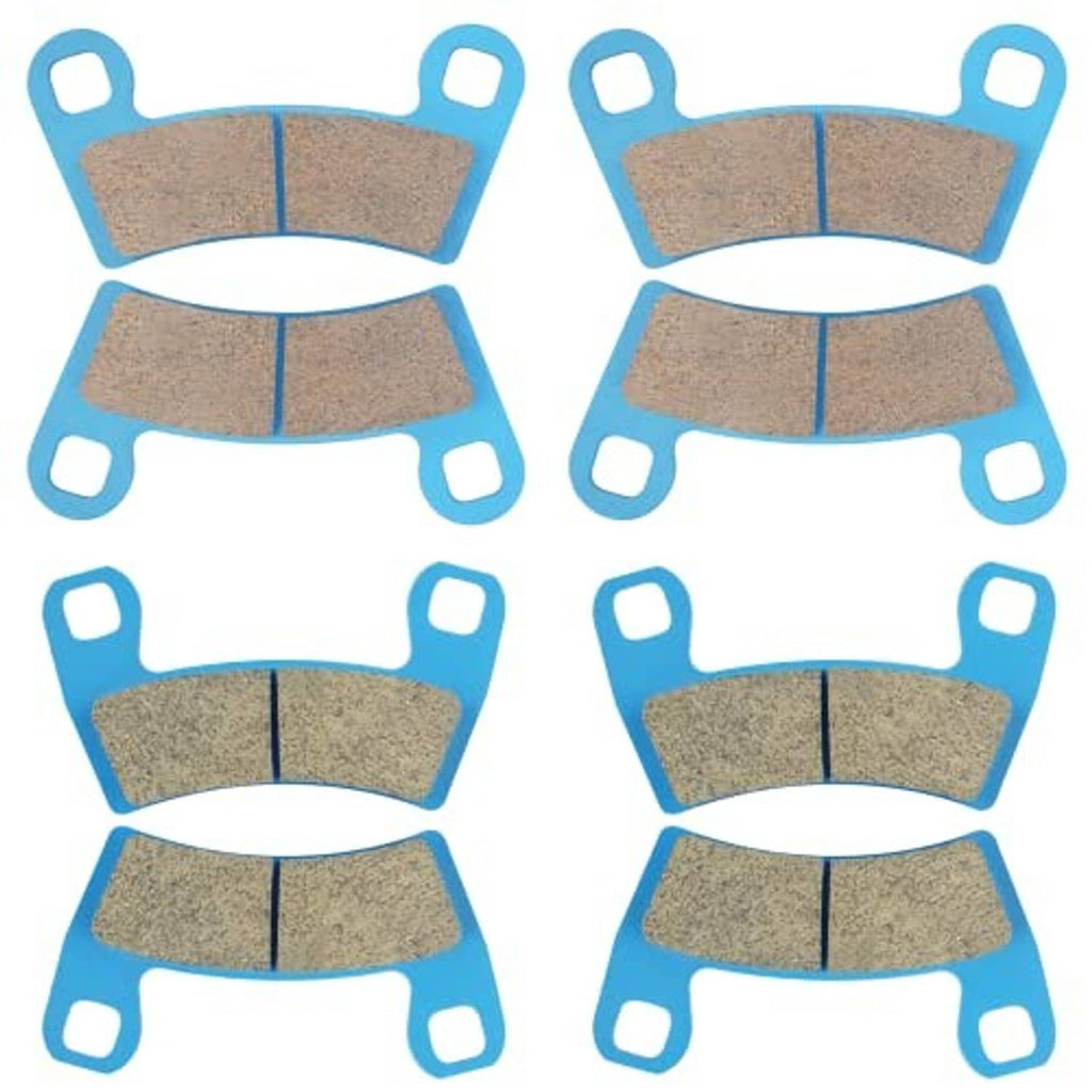 Ceramic brake pad set with blue backing and brown friction inserts, four curved pads