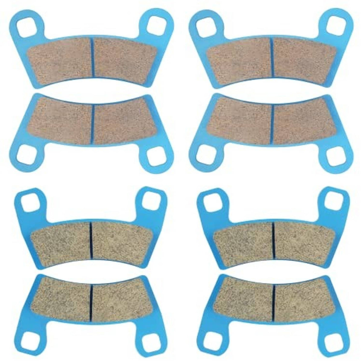 Ceramic brake pad set with blue backing and brown friction inserts, four curved pads