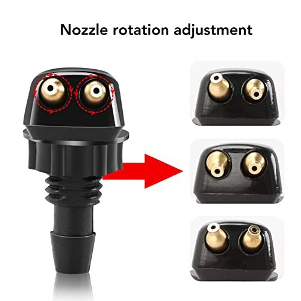 Adjustable windshield washer nozzle, black housing with dual brass ports
