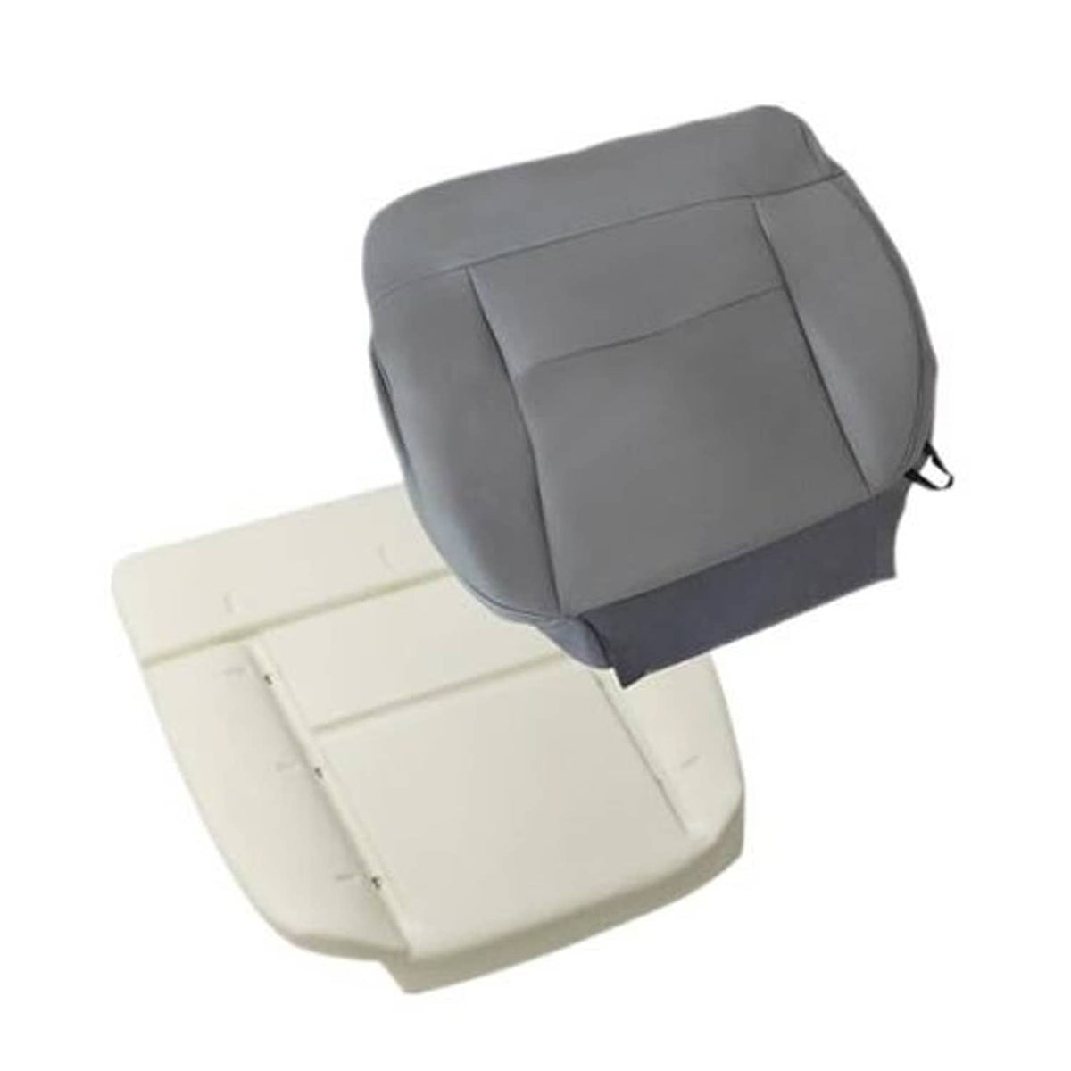 Gray cloth front driver seat cushion cover, padded with stitched panels