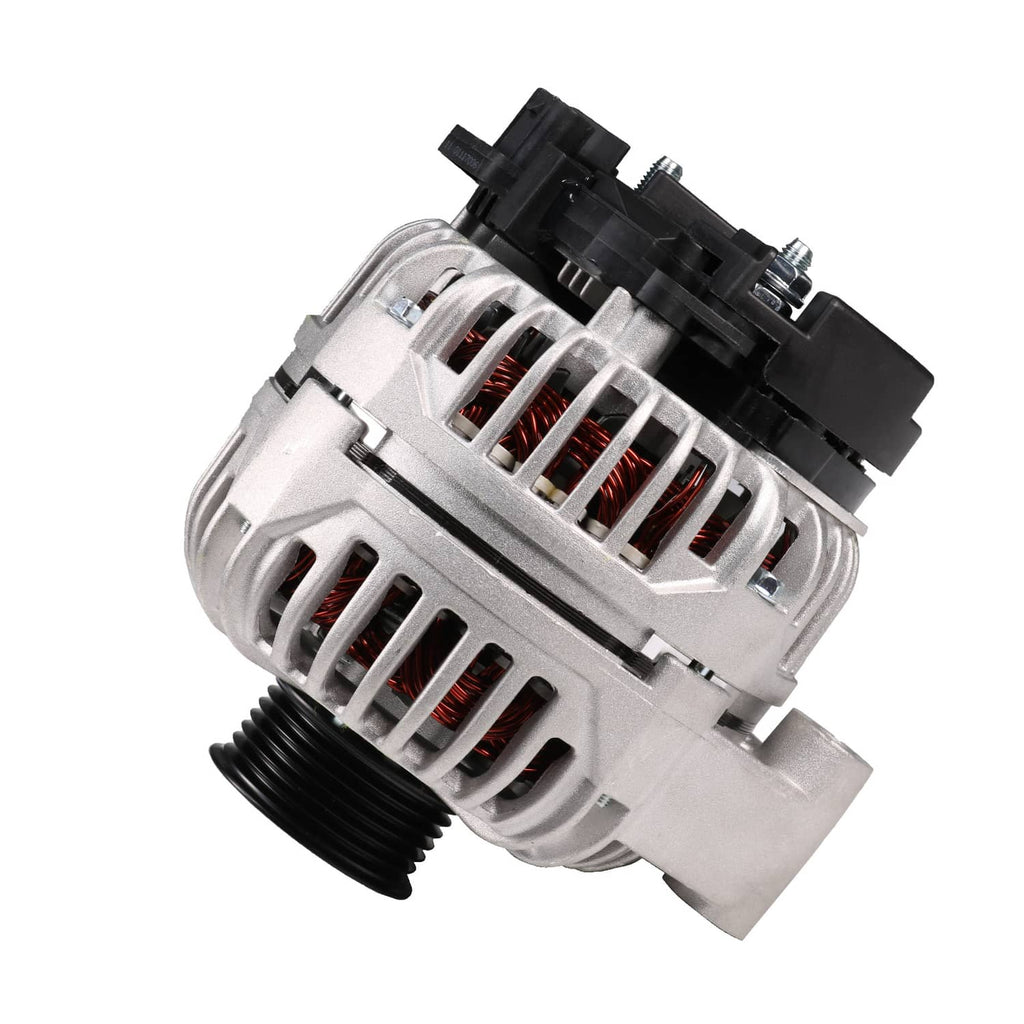 Alternator with silver housing, vented slots, and black plastic rear cover