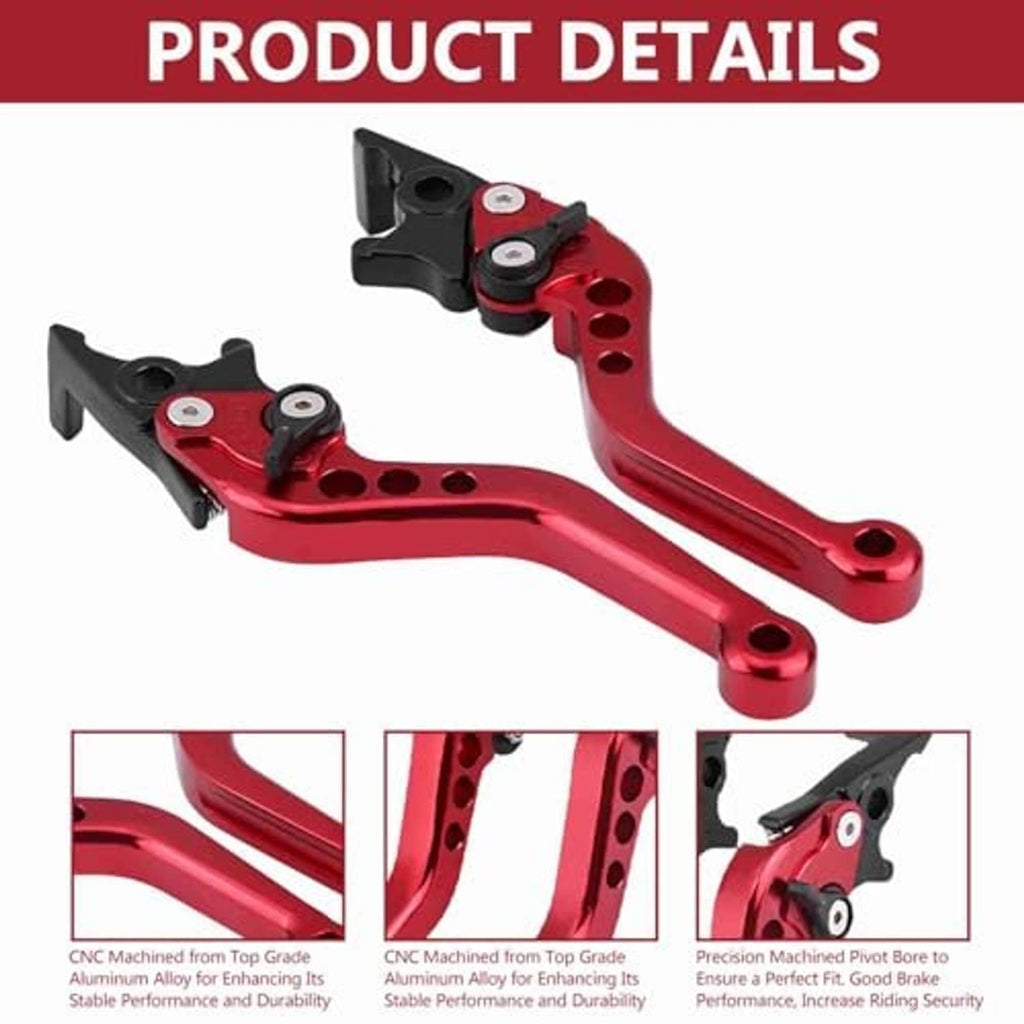 Red brake lever assembly pair with black lever pads and circular pivot hardware