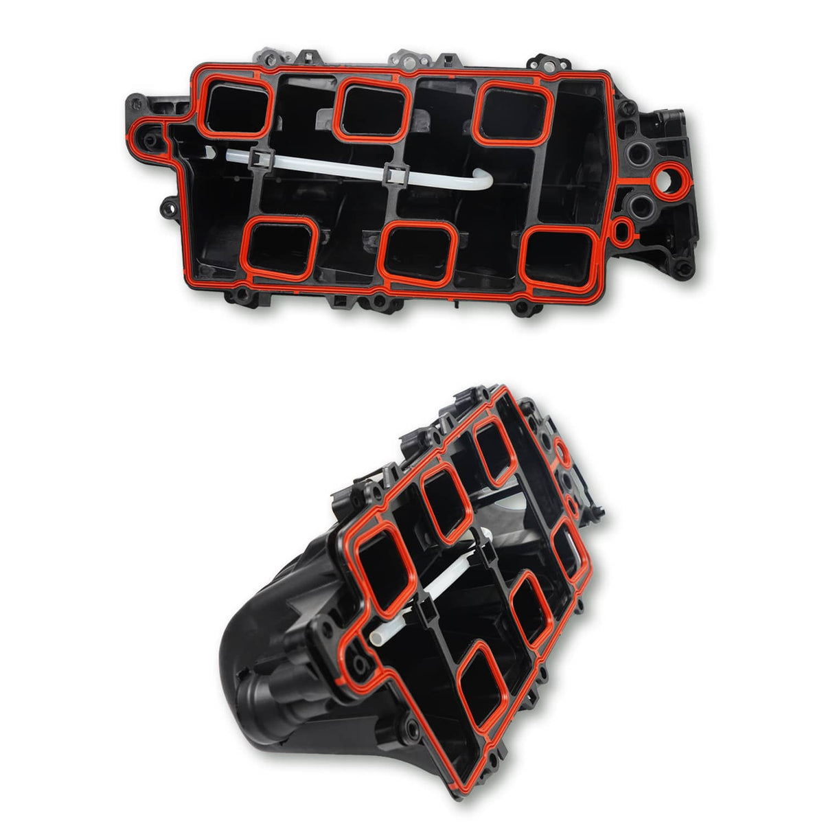 Black intake manifold and gasket set with red-edged port openings and seals