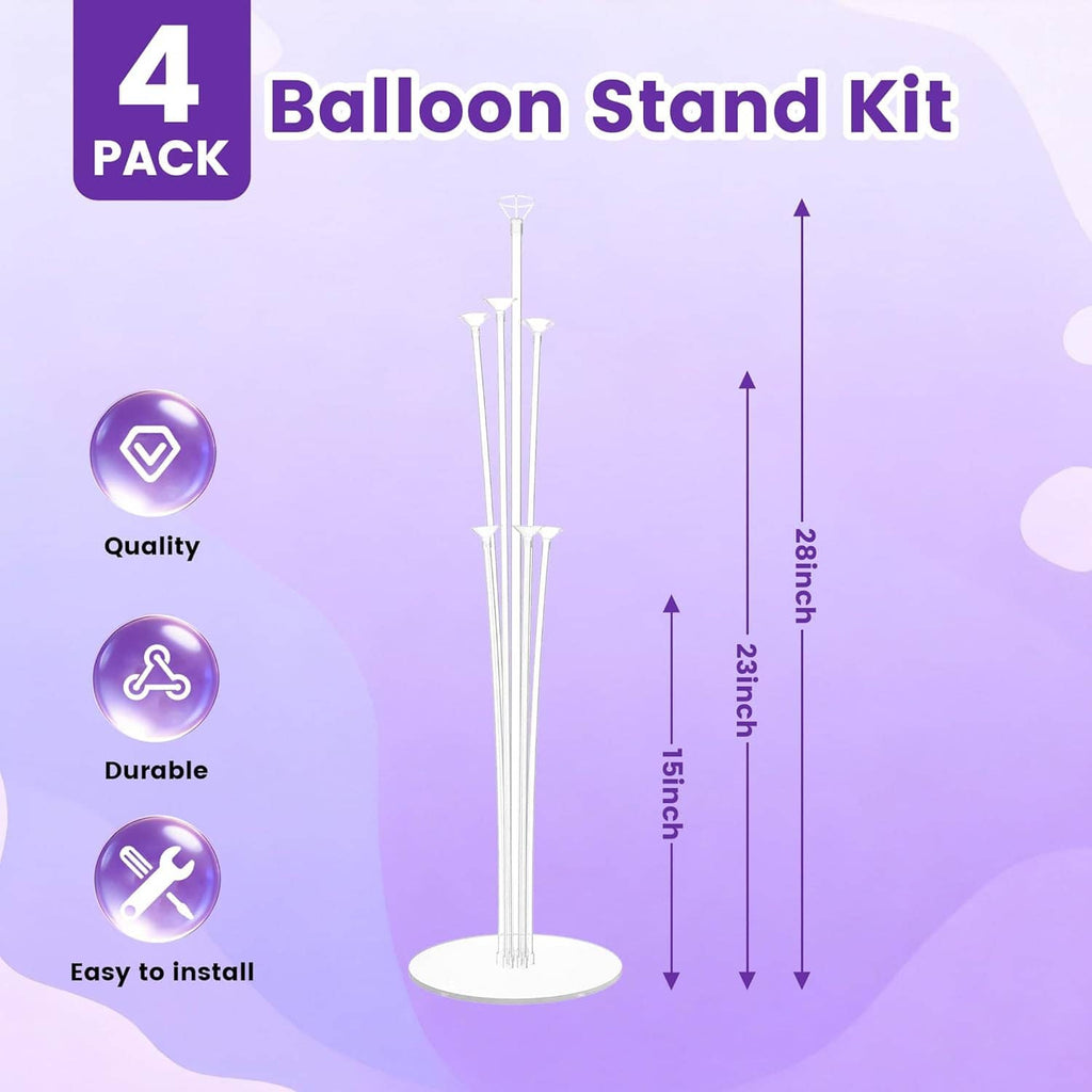 4-pack balloon stand kit with white poles and round base, shown with height graphic