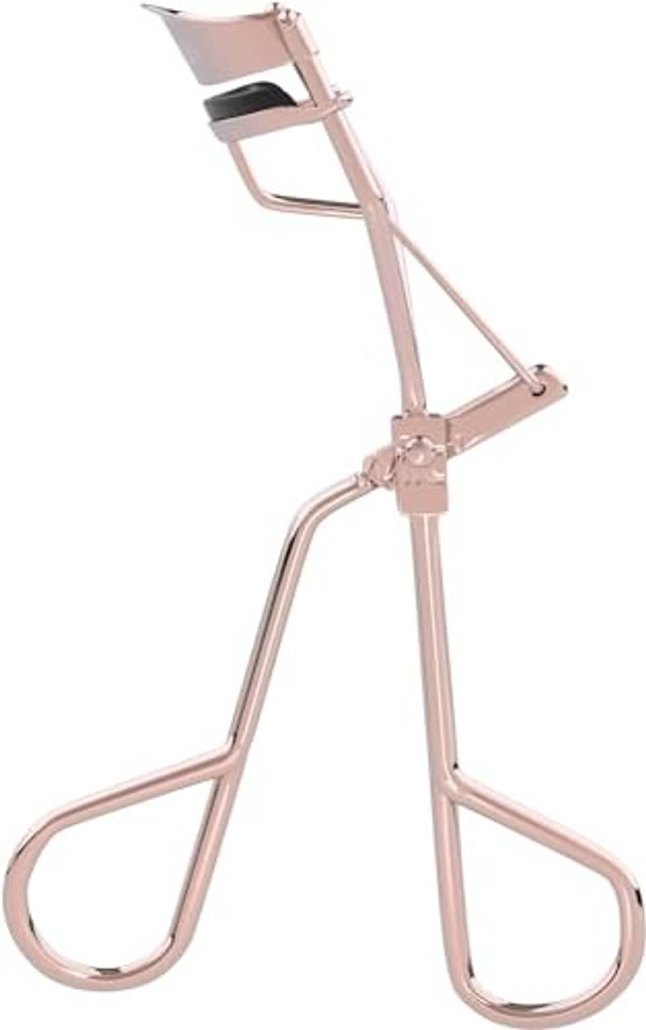 Rose-gold eyelash curler with comfort grip and black silicone pad