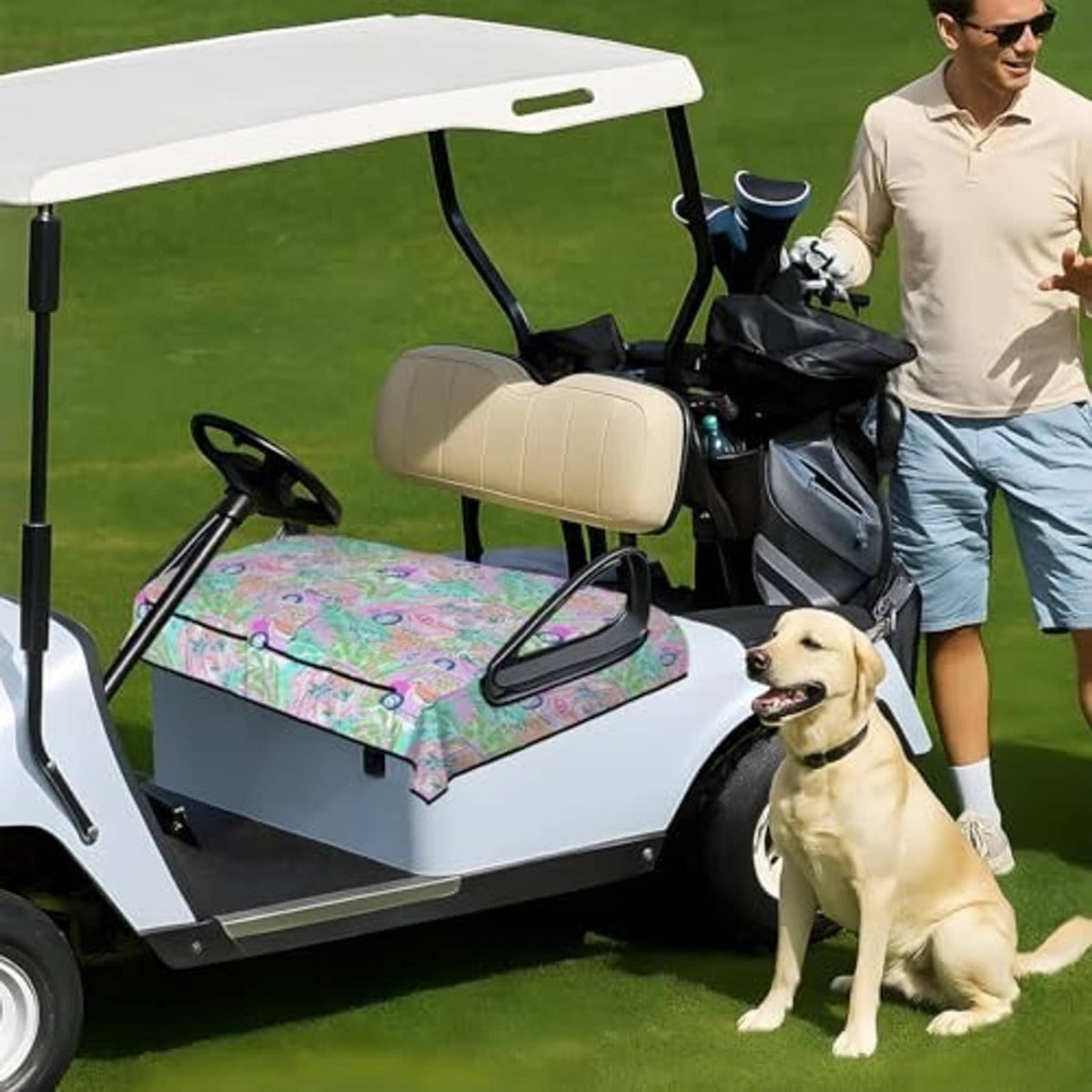 Two-seat golf cart seat cover towel blanket on tan seats, colorful car and tropical print