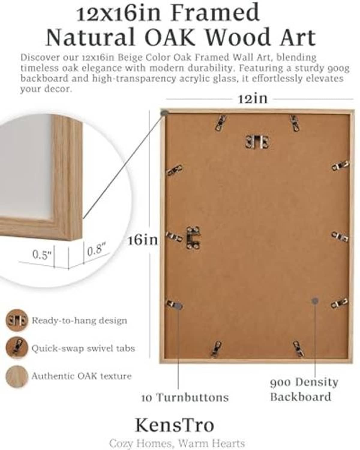 Natural oak wood 12x16 in picture frame, backing and hanging hardware