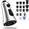 Chrome faucet spray head with black control buttons and nozzle holes