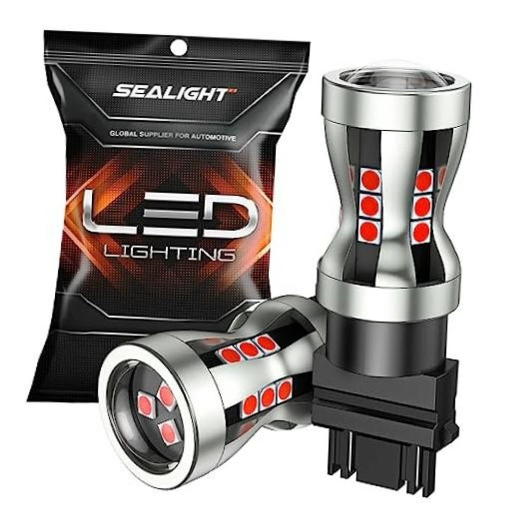 Silver and black LED brake light bulbs with red LED clusters, showing two bulb views