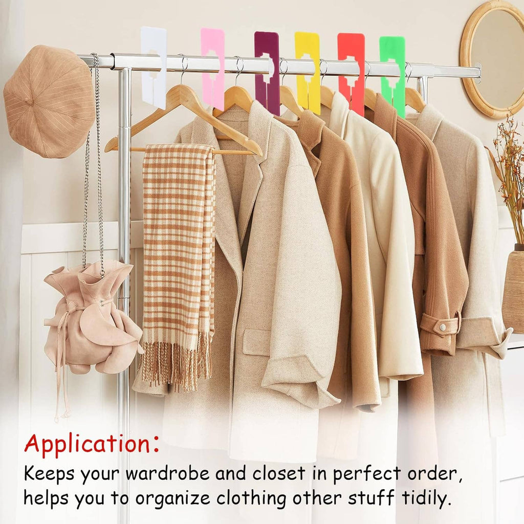 Clothing rack with multiple plastic closet divider clips in assorted colors for organized hanging