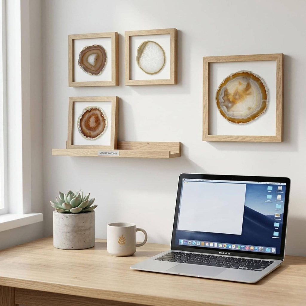 Agate geode coasters displayed in wooden frames on a wall above a desk