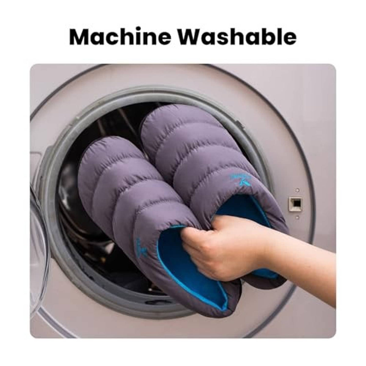 Two-tone slip-on slippers being placed into a washing machine drum