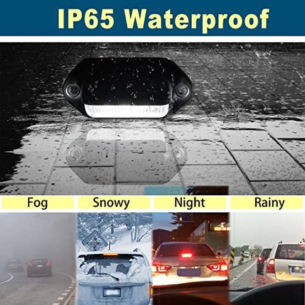 IP65 waterproof black LED license plate light with clear lens shown in wet conditions