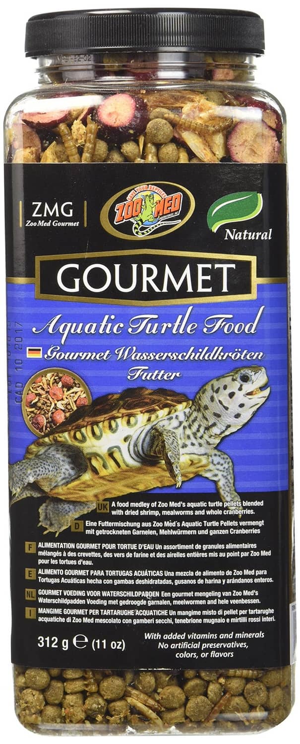 Zoo Med gourmet aquatic turtle food jar, net wt 312 g, illustrated turtle label
