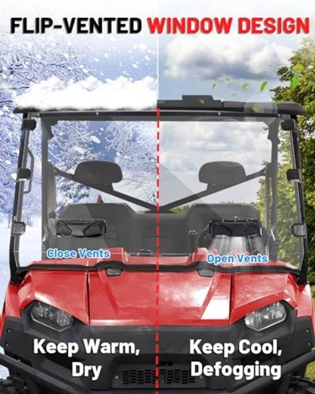 Flip-vented windshield with open and closed vent positions shown on UTV front
