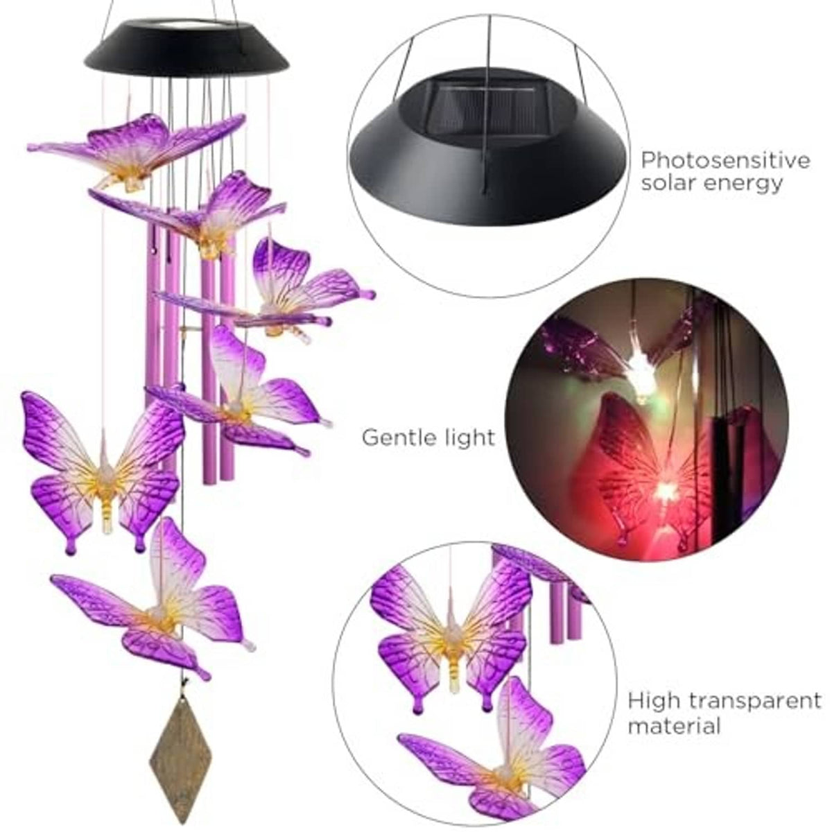 Butterfly solar wind chimes with solar panel, transparent tube, and glowing purple butterflies