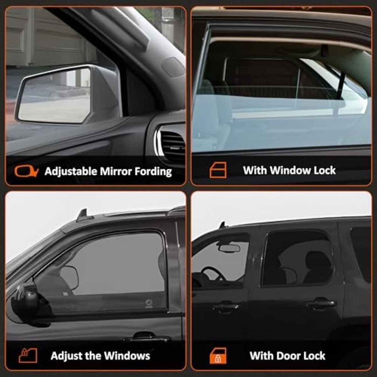 Power window and mirror control switch features shown on vehicle door panels