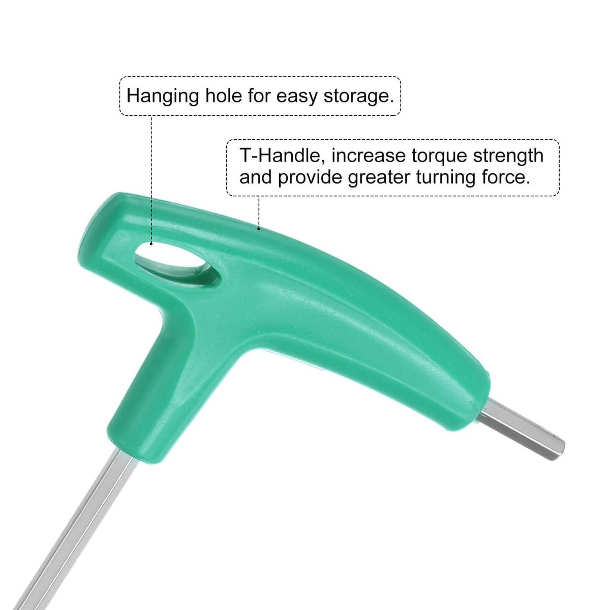 Turquoise T-handle hex key wrench with hanging hole on the handle